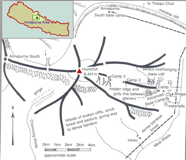 Access / Ascent Route Map for Hiunchuli in the Annapurna Sanctuary Region