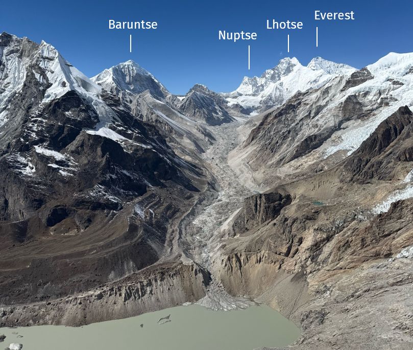 View up Barun Glacier to Everest and Lhotse