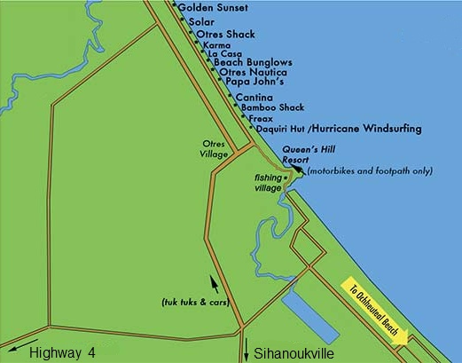 Map of Otres Beach at Sihanoukville in Southern Cambodia