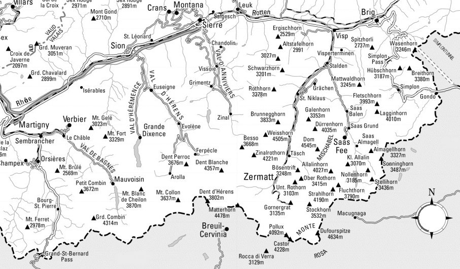 Map of Zermatt and Saas Fe Region of Switzerland