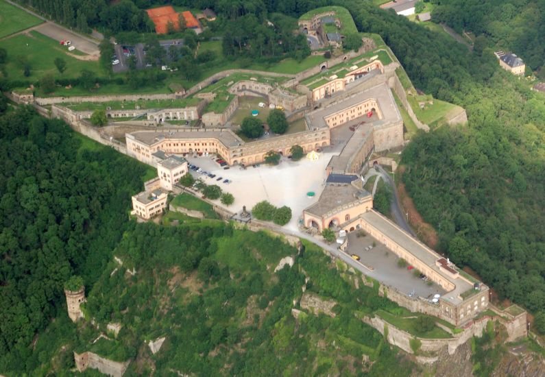 Aerial View of Ehrenbreitstein Castle above Koblenz in the Eifel Region of Germany