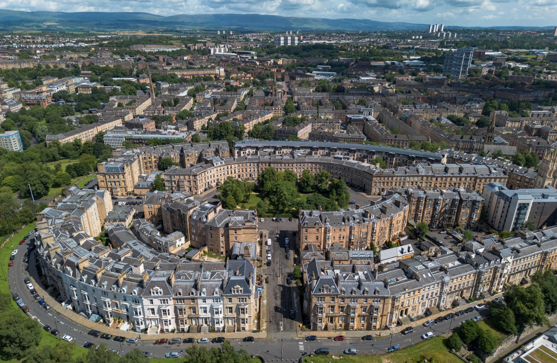 Aerial view of Park Circus in Glasgow, Scotland