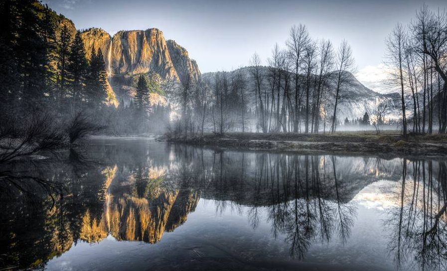 Yosemite Falls from Merced River in Yosemite Valley, California, USA